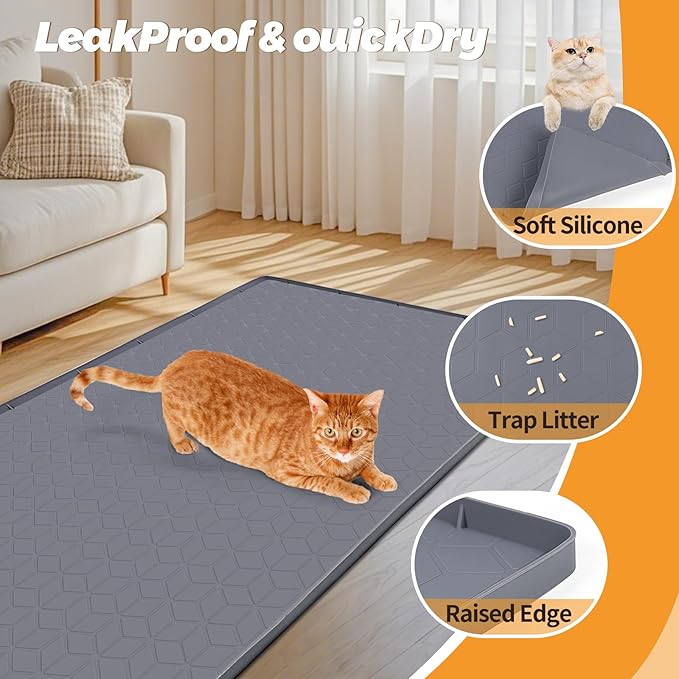 Cat Litter Mat, Extra Large 34" x 22" Silicone Mat Litter Trapping Mat for Scatter Control, Soft on Kitty Paws, Easy to Clean (Dark Grey)