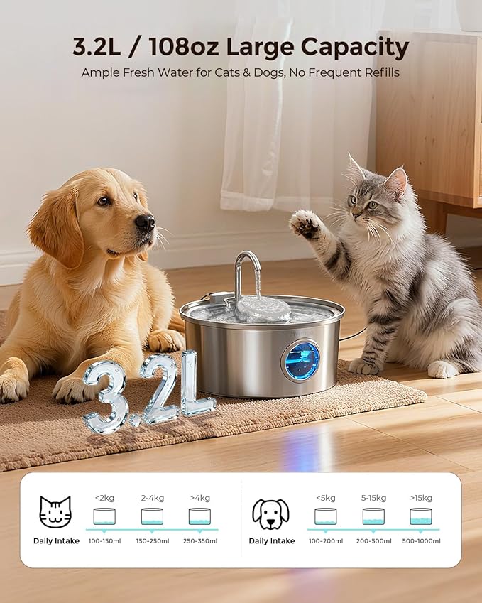 Cat Water Fountain Stainless Steel, 3.2L/108oz Pet Drinking Fountain for Cats Dogs, Automatic Cat Fountain with 2 Flow Modes, Splash-Proof Bowl, Includes 6 Replacement Filters