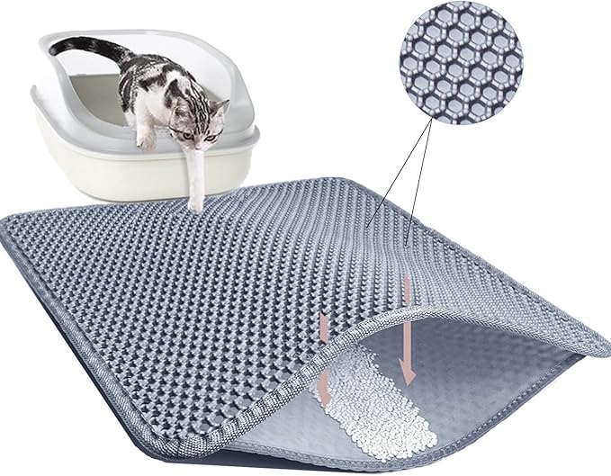 Cat Litter Mat 30"x24" Double Layer Waterproof & Non-Slip - Honeycomb Washable EVA Large Litter Mat for Scatter Control, Urine Proof Litter Trapping Mat for Litter Box(Light Grey)