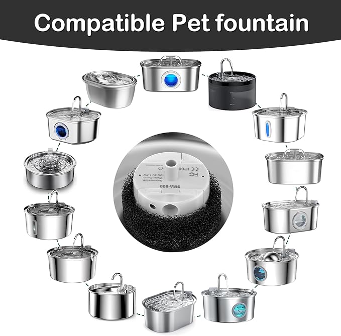 Cat Water Fountain Pump, Pet Water Fountain Replacement Pump SMA-800 Submersible Motor for Stainless Steel Indoor Cat Fountain Pump Replacement(Bottom pumping With Adapter&Brush)