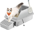 Feandrea Stainless Steel Cat Litter Box with Open Top, High Sided Litter Tray with Step, Scoop, Brush, for Cats up to 33 lb, Dove Gray UPPT008GD01