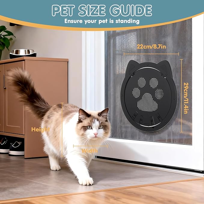 Cat Door for Screen Door, Cat Screen Door, Pet Screen Doors with Lockable Magnetic Flap for Doggy and Cat, 11.42 x 8.66 x 0.39in (Black)