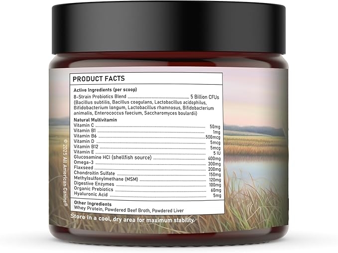 All American Canine Multivitamin Powder - Glucosamine & Chondroitin for Joint Health, Digestive Enzymes & Probiotics for Immunity, Skin & Coat, Beef Flavor 90 Servings
