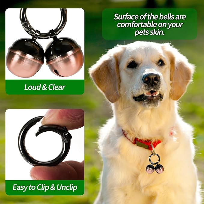 Bells for Dog Collars with Easy Clip Clasps, Suitable for Medium to Large Dogs, Extra Loud Pet Tracker, Durable Collar Charms (Rose Gold & Black, 2 Pack)