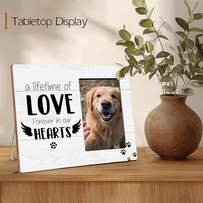 Pet Memorial Gifts for Loss of Pet, Forever In Our Heart, Dog Cat Memorial Wooden Picture Frame Sympathy Gifts, Fits 4x6 Photo Frame