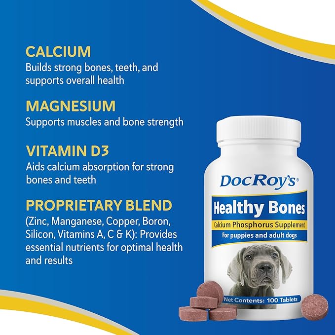 Doc Roy’s Healthy Bones Calcium Phosphorus Supplement Vitamin for Puppies, Dogs, Kittens & Lactating Females, Supports Strong Bones, Teeth & Muscle, Roast Beef & Liver Flavored, 100ct Chewable Tablets