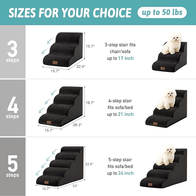 Dog Stairs for Small Dogs 15.7" H, Curved Dog Step for Puppy, Older Cat, Medium Pet Ramp for Sofa, Couch or Chair, Ladder with High Density Foam, 3 Step, 15.7x22.4x15.7 inch, Black