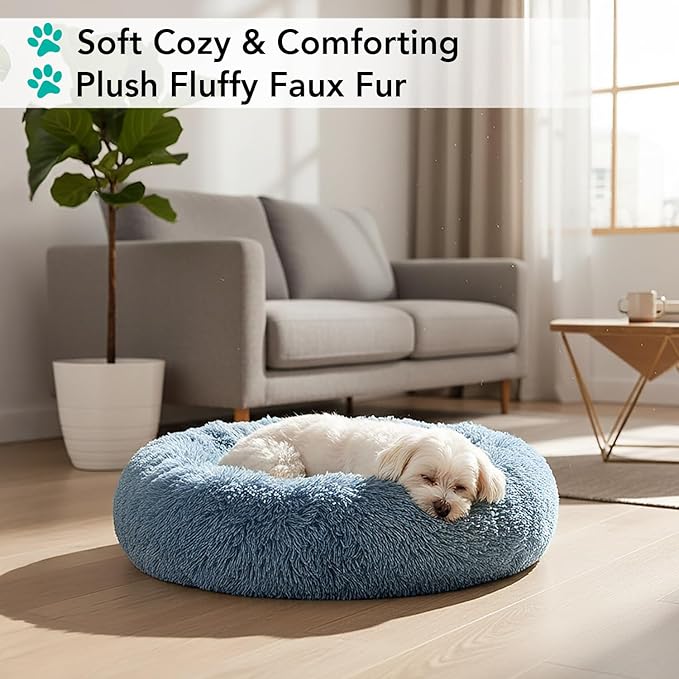 PetAmi Calming Dog Bed for Small & Medium Dogs and Cats, 23 Round Donut Dog Bed, Washable Fluffy Faux Fur Puppy & Cat Bed, Anti-Anxiety Plush Cuddler Pet Bed with Anti-Slip Bottom - Blue