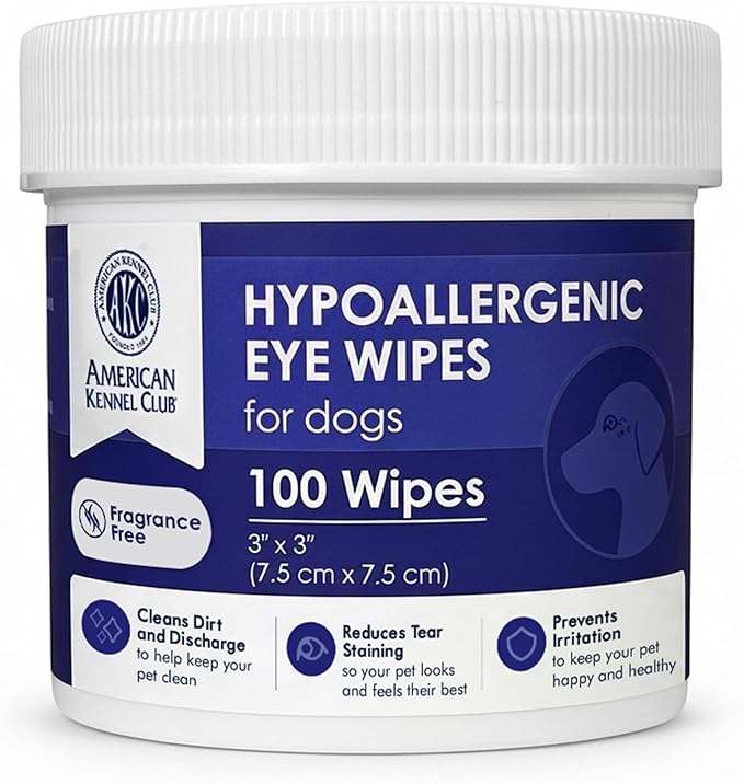 American Kennel Club Pet Eye Wipes for Dogs & Cats – Tear Stain Remover & Eye Discharge Cleaner – Hypoallergenic Grooming Wipes, 100 Count (Unscented)