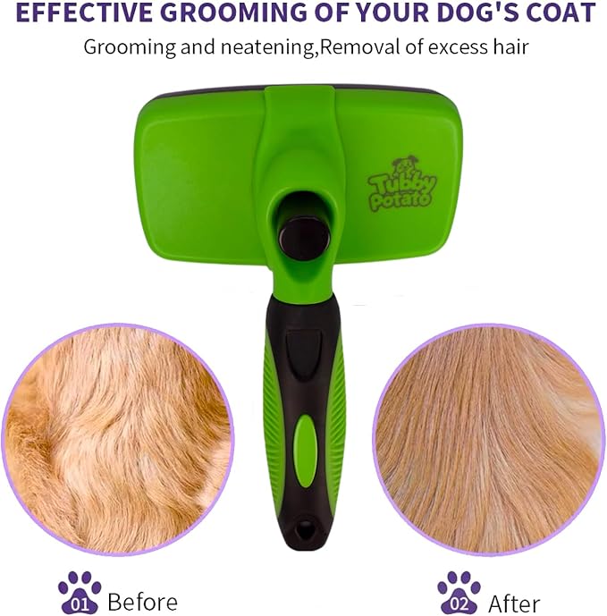 Tubby Potato™ Self Cleaning Slicker Brush - Deshedding Brush for Long and Short Haired Pets. Comfortable and Safe for Senitive Skin. Great for Dogs, Cats, and Other Small Animals- Green