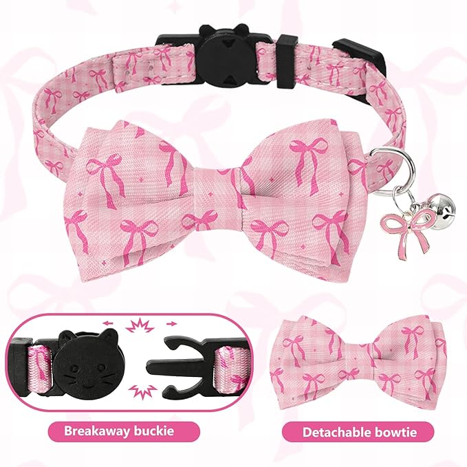 JarThenaAMCS 3 Pcs Pink Bow Cat Collar with Breakaway Bell Bow Tie Plaid Cute Bowtie Adjustable Kitten Collars for Small Pet Girl Boy Cats Small Pet Party