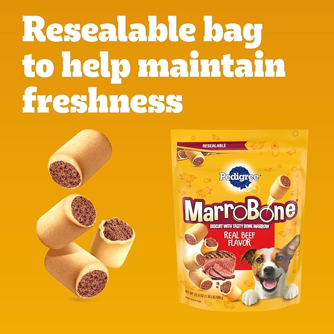 Pedigree Dry Dog Treats MarroBone, Real Beef Flavor, Bone Marrow Dog Treats, 1.5 lb. Bag (Pack of 8)