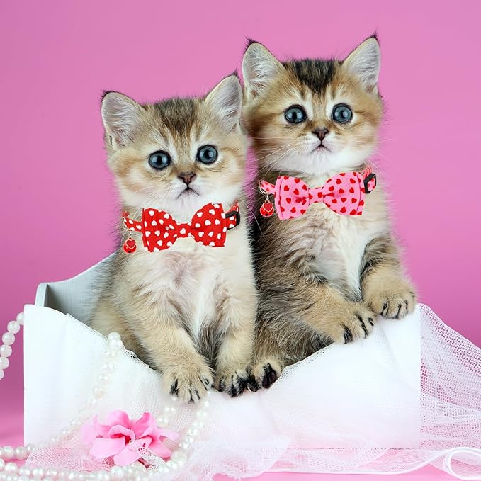JarThenaAMCS 3Pcs Valentine's Day Cat Collar Love Heart Bowtie Collar with Breakaway Bell Red White Pink Adjustable Kitten Collar for Girl Boy Cat Small Pet