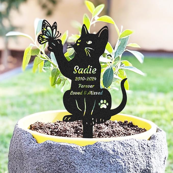 Personalized Custom Butterfly Cat Memorial Grave Marker Garden Stake Pet Loss Sympathy Gift Outdoors Memorial Plaque Metal Cats Yard Stake Garden Decor Sign Cemetery Decorations for Grave