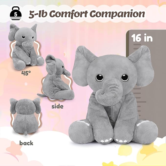 BRICHOEE Weighted Stuffed Animals, 5lbs Elephant Plush Sensory Weighted Elephant Stuffed Animals, Cute Plush Toy Calming Plushie Pillow Birthday Gifts for Adults Baby Kids Boys Girls