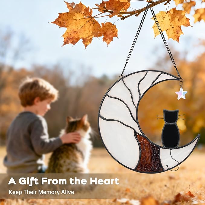 Cat Memorial Suncatcher, Handmade Stained Glass Window Haninging Suncatcher, Pet Memorial Gift for Cat Loss, Sympathy Gift with Moon & Tree of Life for Pet Lovers