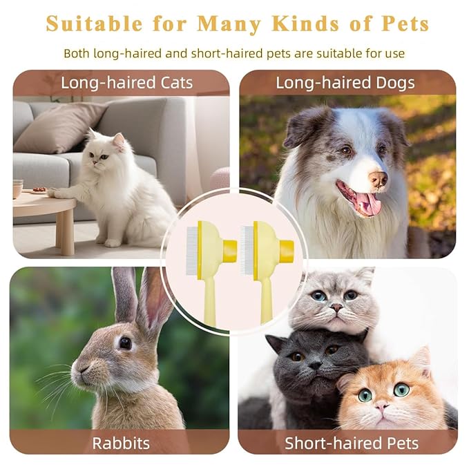 TerraKin 2-Pack Flea Comb for Cats & Dogs, One-Click Self-Cleaning Pet Grooming with Release Button, Long & Short Stainless Steel Teeth for Deshedding, Removing Fleas & Massaging,Orange