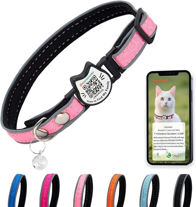 Cat Collar with Bells Reflective Cat Collars Breakaway with Oxford Cloth Soft Padding Adjustable Kitten Collar with QR Code（Pink）