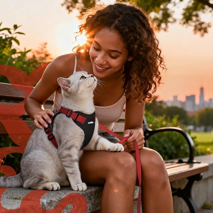 rabbitgoo Cat Harness and Leash for Walking, Escape Proof Soft Adjustable Vest Harnesses for Cats, Easy Control Breathable Reflective Strips Jacket, Black & Red, S