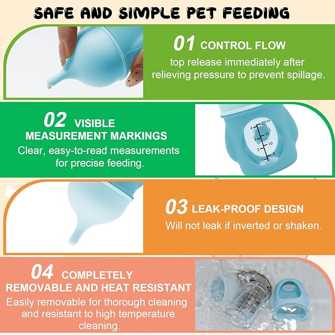 Pet Feeder Bottle Animal Feeding Bottles Kitten Bottles for Nursing Anti-Choking Design for Newborn Kittens Puppies Small Animals with 2 Pcs Replacement Nipple (Blue, 20 ml)