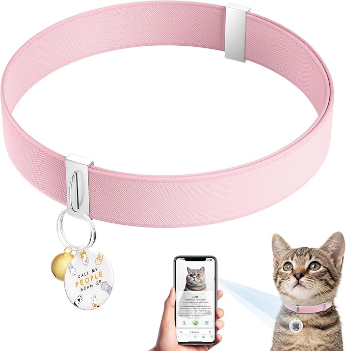 Cat Collar with QR Code Name Tag, Stretch Elastic Quick Release, Cat ID Tag Personalized, Ultra-Durable, Non Breakaway Lightweight Kitten Collar Fits Most Girl Boy Small Large Cats (Pink)
