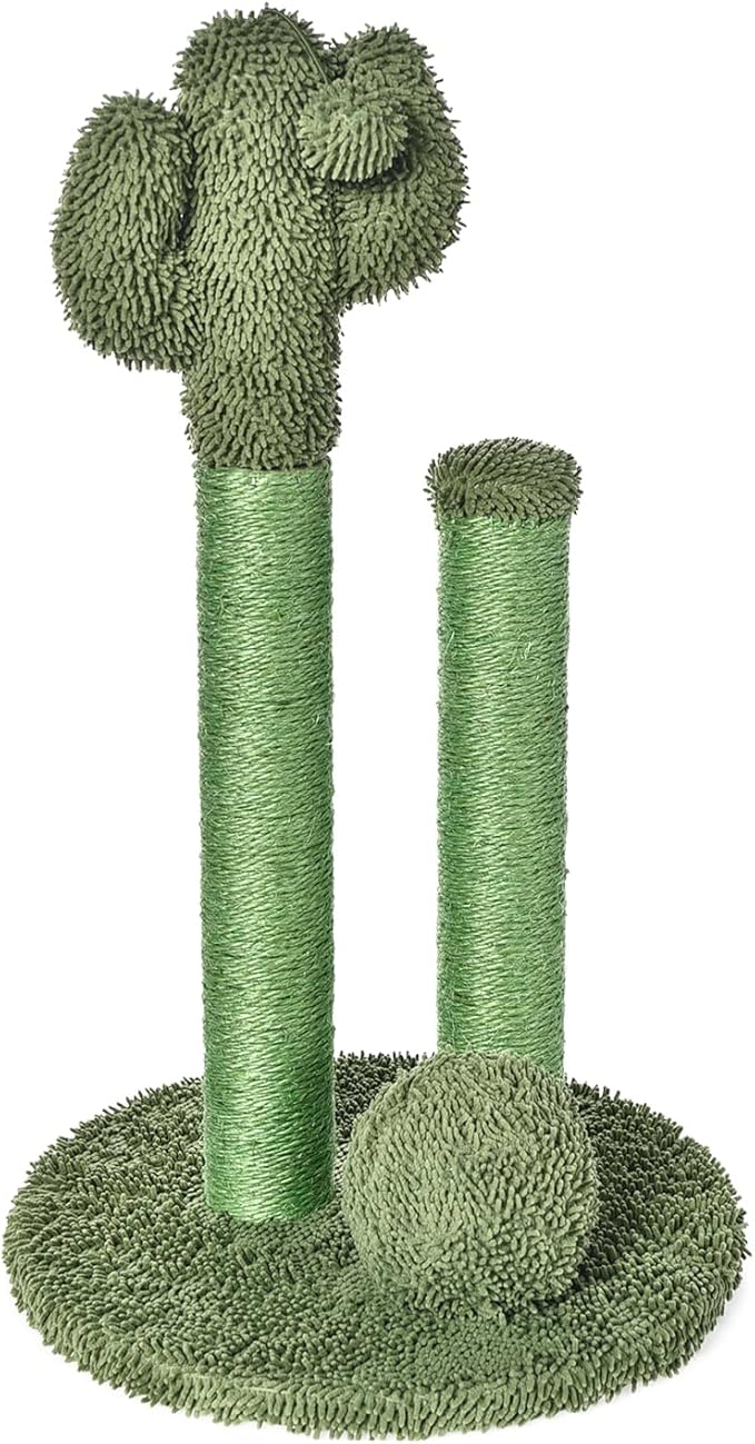 Amazon Basics Cat Scratcher - Indoor Cactus Triple Posts Cat & Kittens Scratching Post with Dangling Ball, Small (22.4" H) - Green