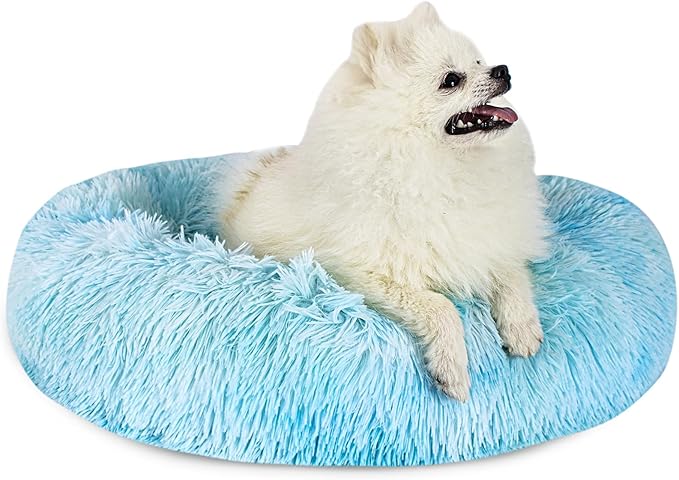 Calming Dog Bed for Small Dogs Cats, Kitty Puppy 23'' Round Anti-Anxiety Warm Fluffy Plush Faux Fur Bed, Soft Anti-Slip Donut Washable Small Pet Bed, Cozy Cat Puppy Bed, Fits up to 30 lbs Pets