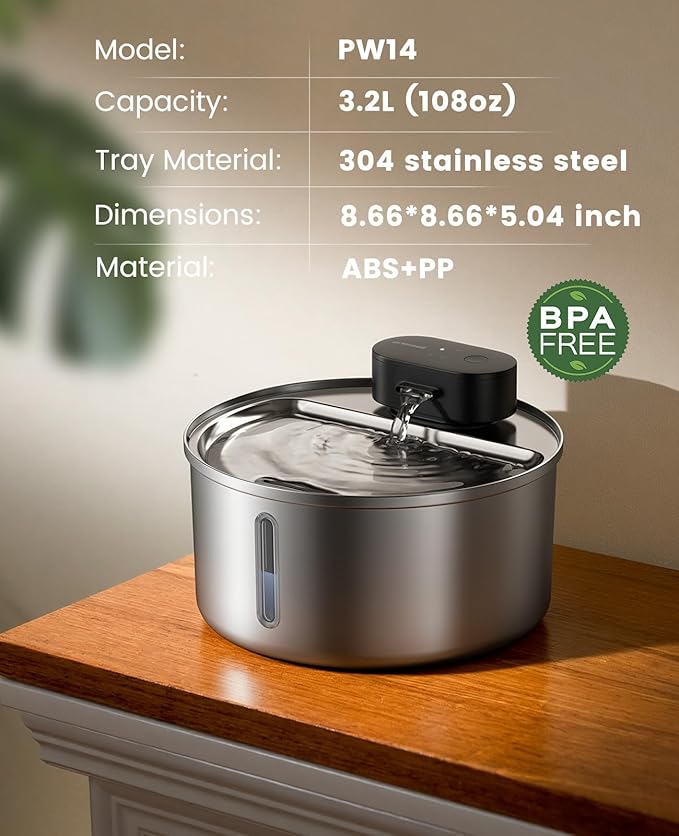 oneisall Cat Water Fountain Wireless: Stainless Steel 3.2L/108oz Cordless Pet Water Fountain, Ultra Quiet SilentFlow™ Pump, Battery Operated Automatic Water Dispenser for Cats Indoor, Motion Sensor