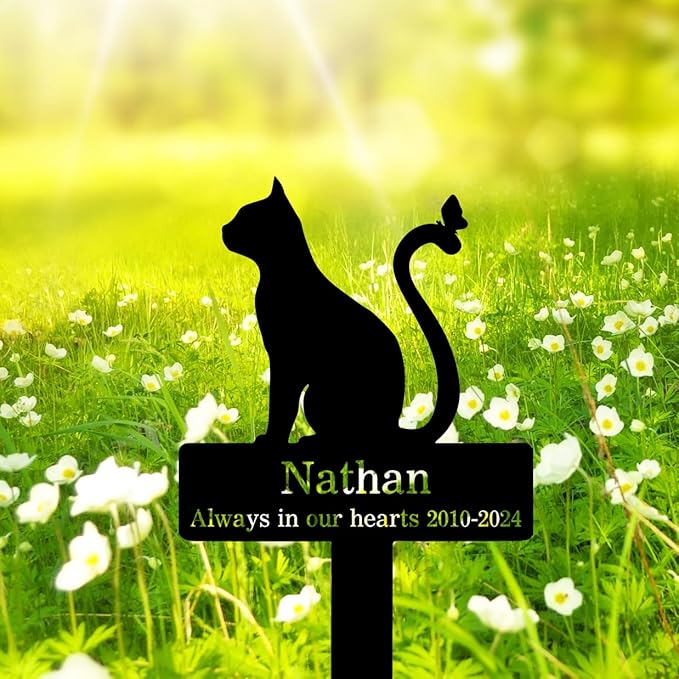 Custom Cat Memorial Grave Marker Stake Sign, Personalized Pet Cat Memorial Plaque Grave Marker, Outdoor Cat Garden Decor Remembrance Stake, Customized Cat Name Tombstone Metal Stake