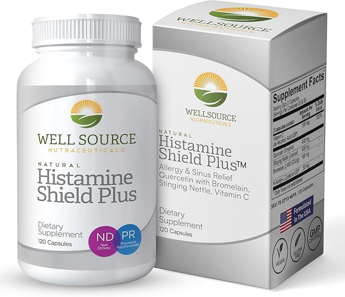 Histamine Shield Plus™ Natural Antihistamine Supplement for Adults, Sinus & Allergy Relief for Pollen, Pet Dander, Dust, Mold, and Odors, Quercetin with Bromelain & Stinging Nettle 120 Capsules