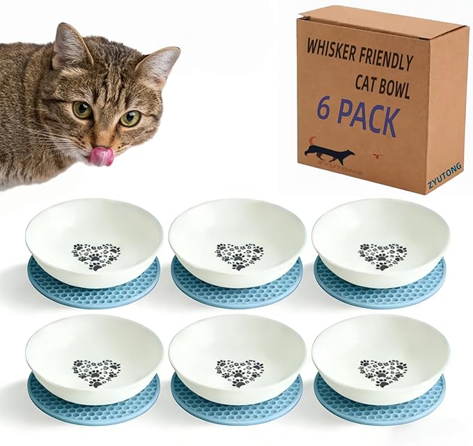 6PCS Whisker Fatigue Ceramic Cat Dishes - 5.5" Shallow Cat Food Bowl, Cute Kitten Plates for Wet Food, Whisker-Friendly, Non-Slip, Wide, White, Heart & Claw Pattern