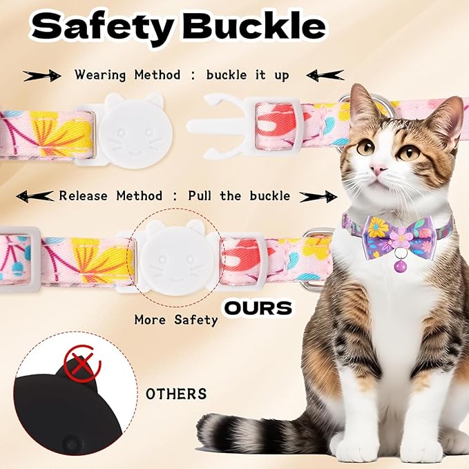 Cat Collar Breakaway, HYQHYX Floral Kitten Collar with Bell, Cute Cat Collar with Bow for Girl Boy Removable Bowtie (Pink + Green)