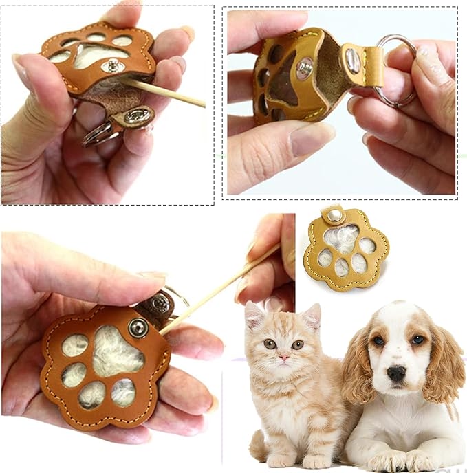 Pet Memorial Keychain Leather Cat Claw Keychain Pet Hair Keepsake Box Cherished Memories Gifts for Pet Lovers (Brown)