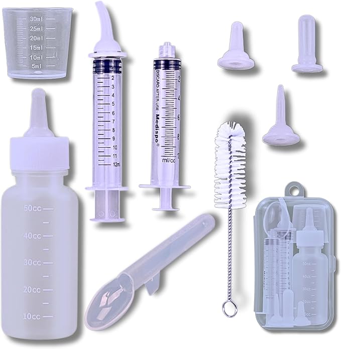 Newborn Kitten & Puppy Feeding Kit, 50ml Nursing Bottle & Syringe Set with Soft Silicone Nipples, Oral Dosing Syringe & Medicine Dispenser, BPA-Free Nursing Supplies for Cats, Dogs, Rabbits, Squirrels