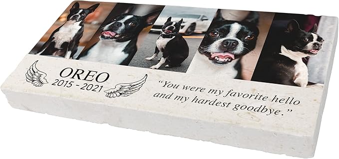 Custom Dog Memorial Stone, Personalized Pet Headstones for Dogs, Outdoor Pet Grave Markers with Photo Print and Text, Loss of Pet Sympathy Gift, 12”x6”x1.25" Pet Grave Stone (B. Oreo Design)