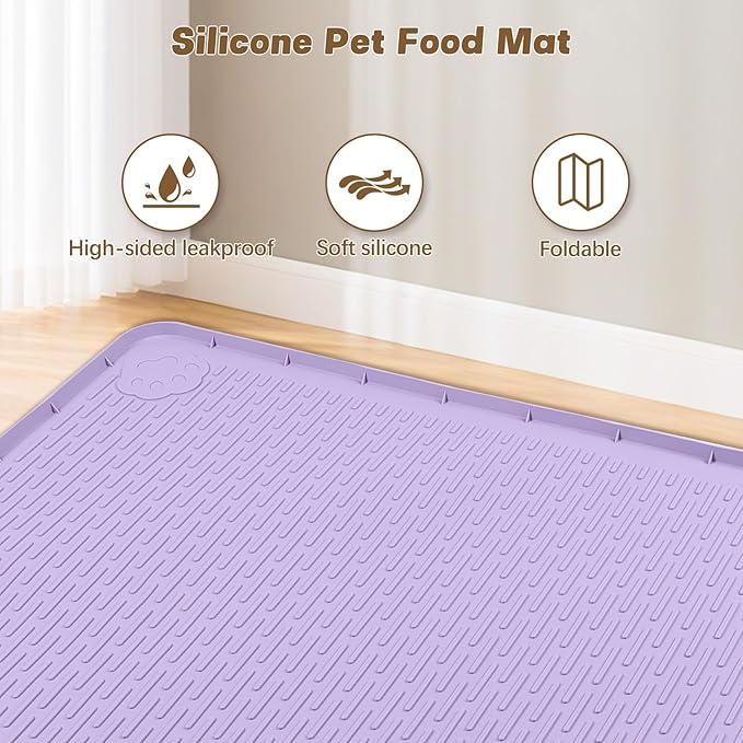 Cat Food Mat, 34" x 22" Large Silicone Pet Feeding Mat for Food and Water Bowls Non-Slip, Easy to Clean (Purple)