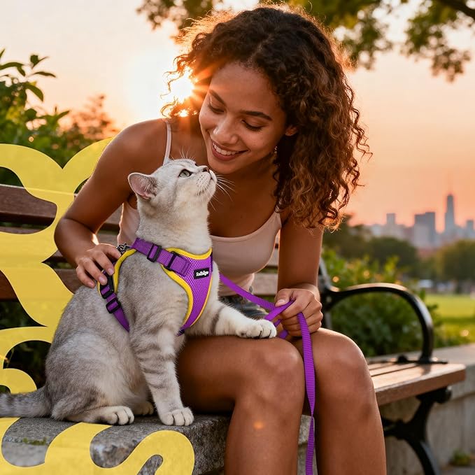 rabbitgoo Cat Harness and Leash for Walking, Escape Proof Soft Adjustable Vest Harnesses for Cats, Easy Control Breathable Reflective Strips Jacket, Purple&Yellow,XS