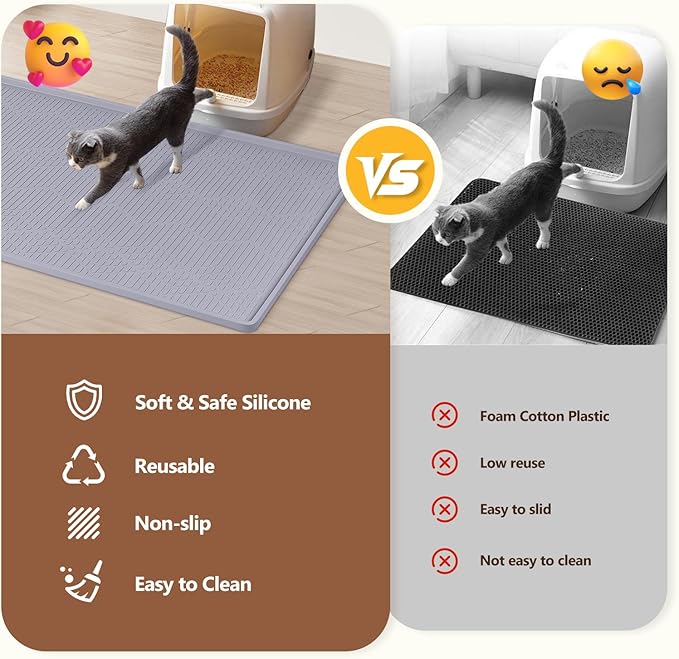 Large Cat Litter Mat with Toy Ball, 38'' x 25'' Silicone Cat Litter Trapping Mat for Scatter Control, Soft on Kitty Paws, Easy to Clean (Light Grey)