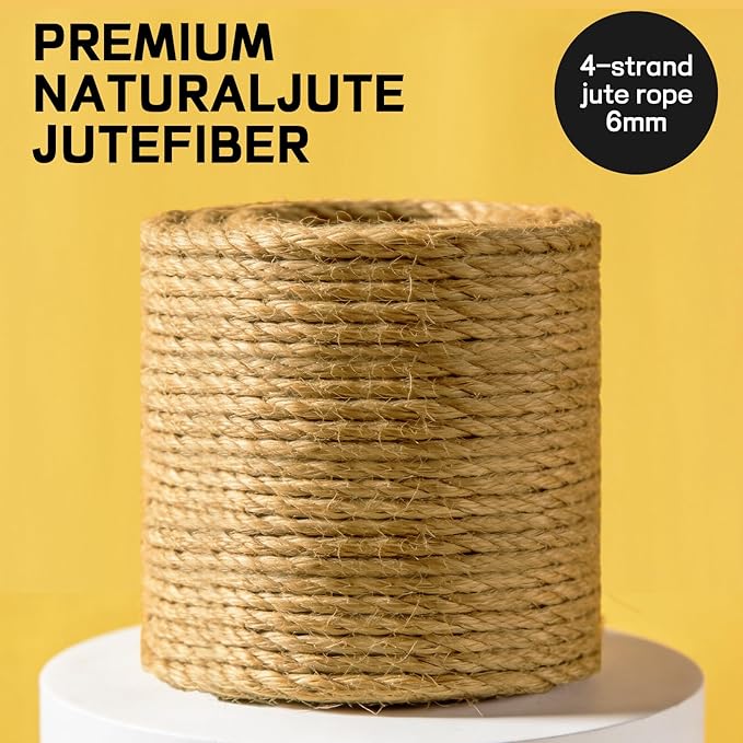 Jute Rope 49 Feet 1/4 INCH - Natural Heavy Duty Sisal Twine | Pet-Safe for Cat Scratch Posts, Crafts, Bundling & Hanging (Natural, 49FT)