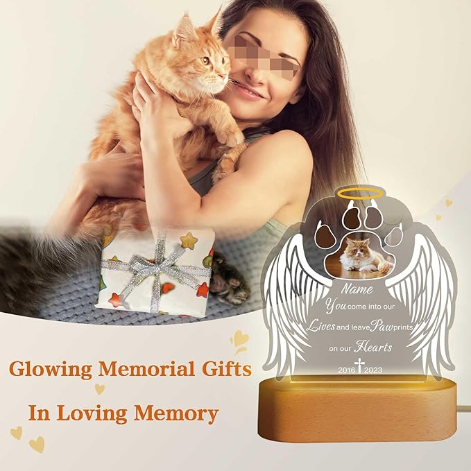 Custom Pet Memorial Night Light Gift Personalized Dog Cat Acrylic Plaque Photo Frame Sympathy Gift Condolence Gifts with Picture Name Date(Cat Paw Wing)
