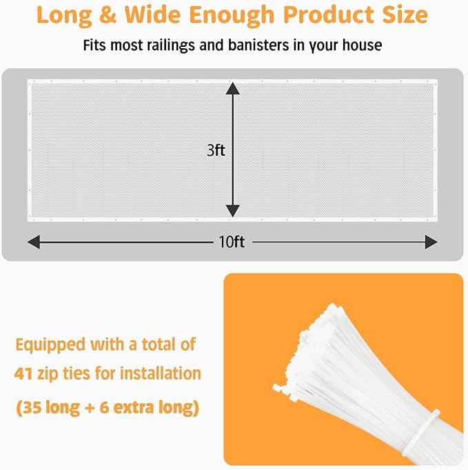 South to East Banister Guard for Baby, 10ft x 3ft Child Safety Net, Balcony Netting for Pets, Stair Railing Cover Baby Proofing, No Drilling, Stairway Mesh Netting Indoor Outdoor for Kids, Pets, Toys