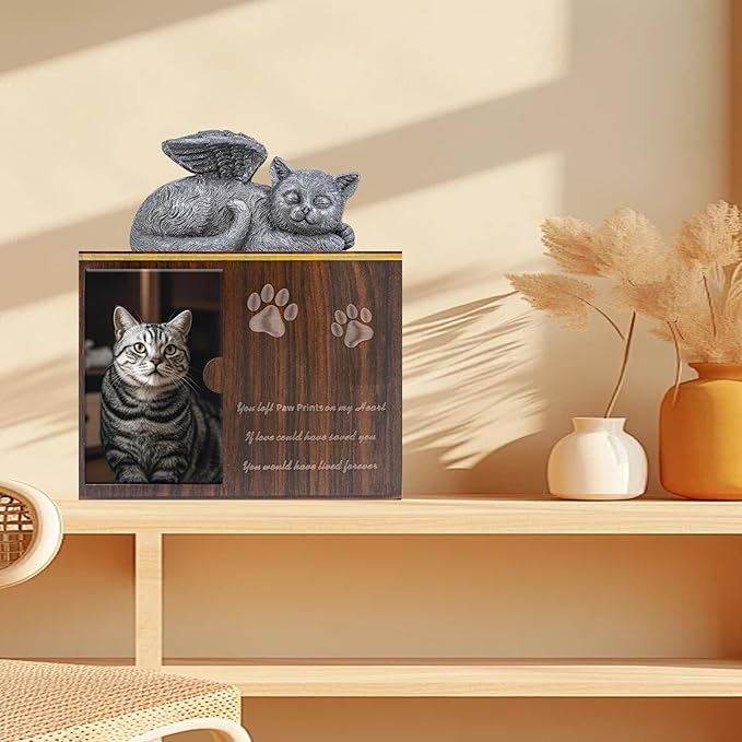 Cat Urn for Ashes - Large Wooden Texture Acrylic Memorial Urn with Angel Cat Statue, Pet Urns for Cats Ashes Keepsake Box - Sympathy Remembrance Gift for Loss of Beloved Pet Urns for Cats