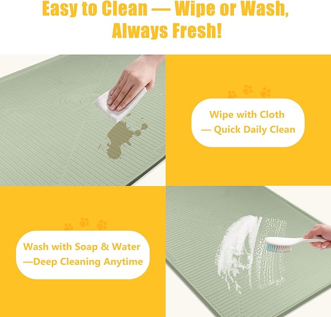 Lorvain 45" x 30" Cat Food Mat, Extra Large Silicone Pet Feeding Mat with Raised Edges, Pet Placemat for Cat Dog Food and Water Bowl Waterproof, Non-Slip, Easy to Clean, Floor Protection, Green
