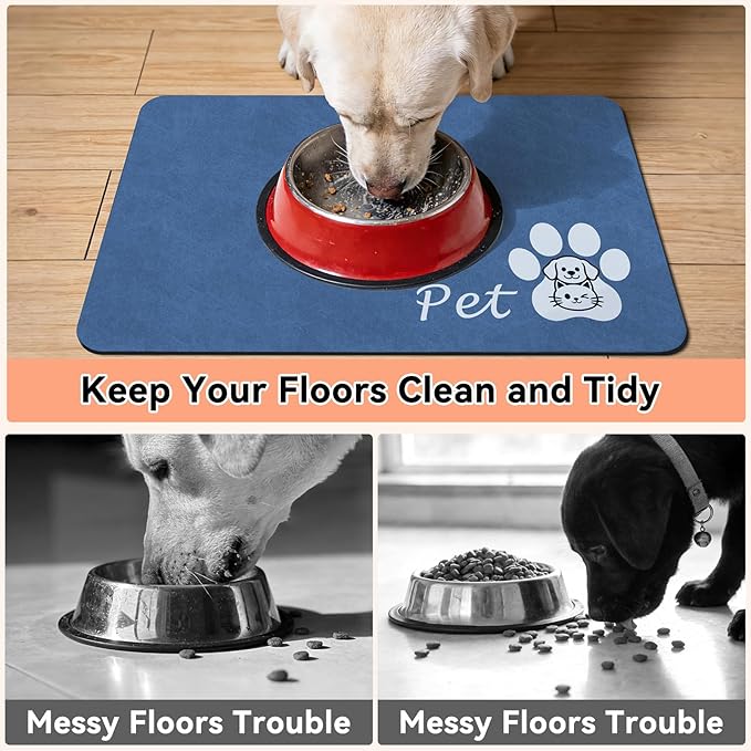 Dog Cat Feeding Mat-Absorbent Pet Bowl Mat for Food and Water, Quick Dry Water Dispenser Mat for Floors with Waterproof Rubber Backing, Puppy Cat Placemat Mats for Messy Drinkers,16"x24",Blue