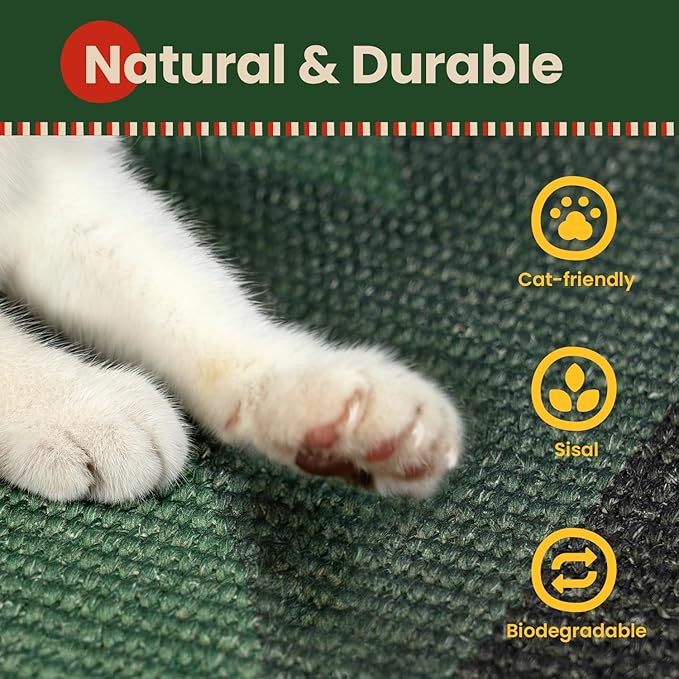 Conlun Cat Scratcher Mat,Sisal Cat Scratch Pad,Horizontal Floor Cat Scratching Pads Rug for Indoor Cats,Protector for Wall&Carpets&Sofas,Kitty Xmas-Gift, Includes Cat Toy (M, Christmas)
