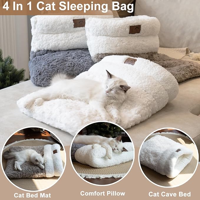 Cat Cave 4 in 1 Cat Sleeping Bag Cute Self Warming Cat Bed Cave with Plush Portable Snuggle Sack/Hideway for Indoor Cats & Small Pets Grey 21×17 Inch