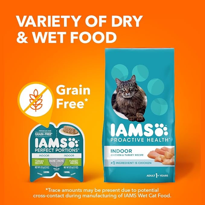 IAMS Perfect Portions Indoor Adult Grain Free Wet Cat Food Pate, Turkey Recipe, 2.6 oz. Twin-Pack Trays (24 Count, 48 Servings)