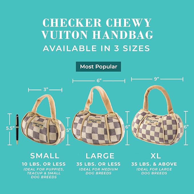 Haute Diggity Dog Checker Chewy Vuiton Handbag, Plush Designer Dog Toys with Interactive Squeaker, Stimulating Pet Enrichment, Machine-Washable & Safe Materials for All Breeds, Size Small