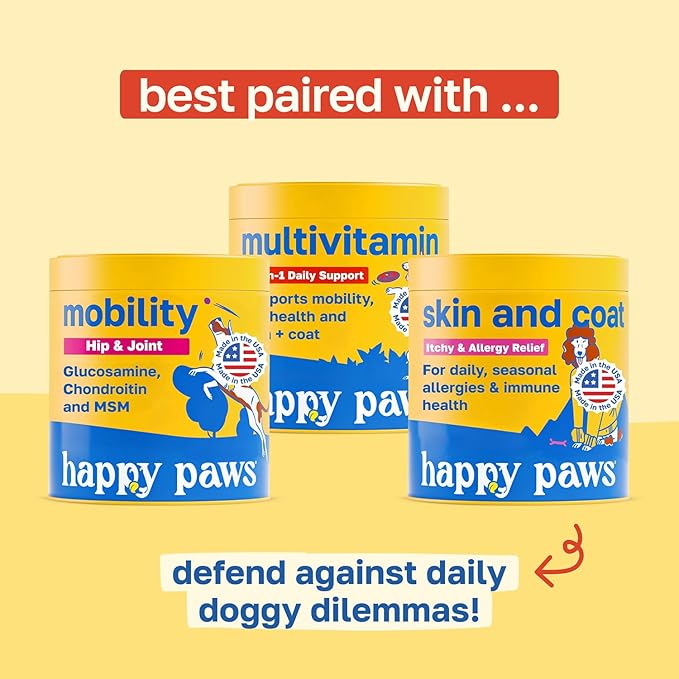 Happy Paws 10-in-1 Dog Multivitamin, Supplements for Dogs for Daily Nutritional & Immune Support, Suitable for All Breeds & Ages with Coconut Oil, Vitamin D3 and Biotin, Vegan Lamb Flavor, (100 Chews)