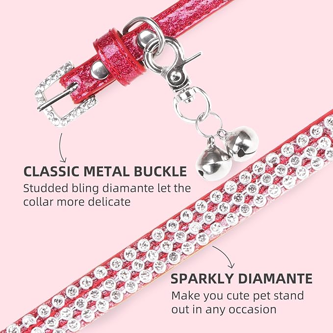 PUPTECK Basic Adjustable Cat Collar with Bling Diamond and Double Bells, for Kitten and Small Puppy, Fashion and Shining Dog Rhinestone Collars, 6-8 in, Red